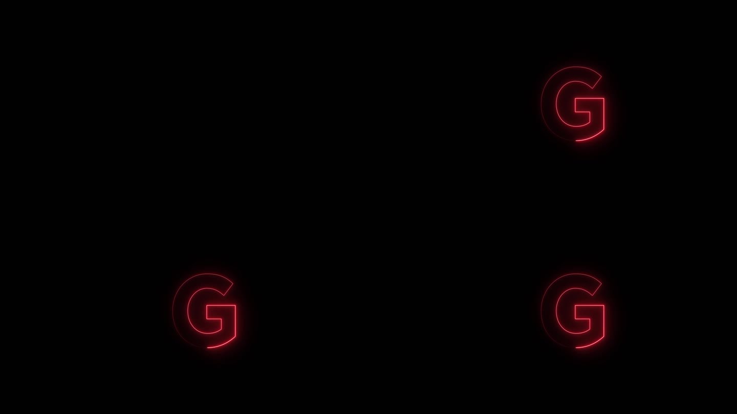 红色霓虹字体字母G大写字母在一段时间后出现。黑色背景上的动画红色霓虹字母符号。库存视频