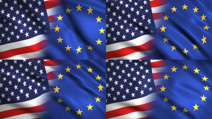 美国和欧洲国旗一起飘扬