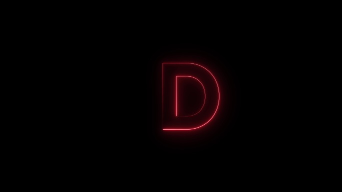 红色霓虹灯字体字母D大写字母在一段时间后出现。黑色背景上的动画红色霓虹字母符号。库存视频