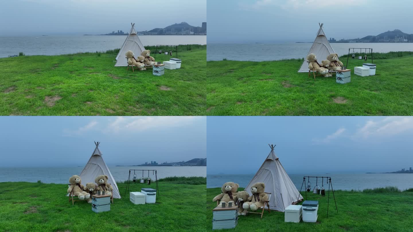大海绿草地咖啡帐篷露营航拍