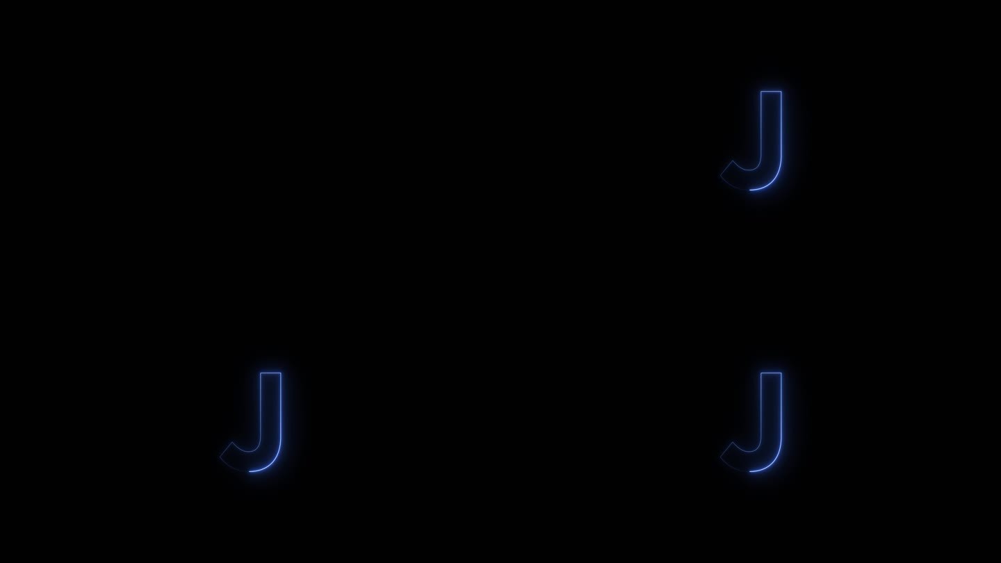 蓝色霓虹字体字母J大写字母在一段时间后出现。黑色背景上的动画蓝色霓虹字母符号。库存视频