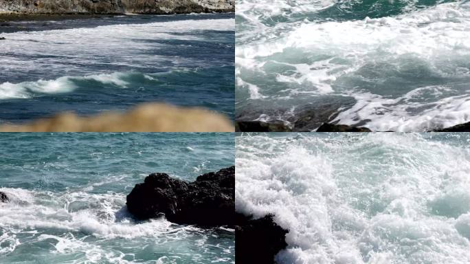 大海海边空镜，海浪特写海风，涨潮