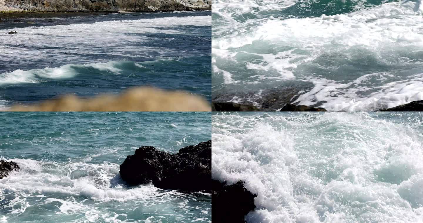 大海海边空镜，海浪特写海风，涨潮