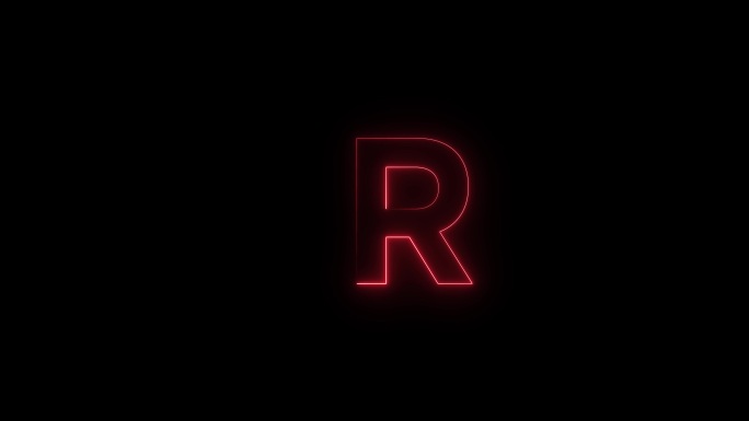 红色霓虹字体字母R大写字母在一段时间后出现。黑色背景上的动画红色霓虹字母符号。库存视频