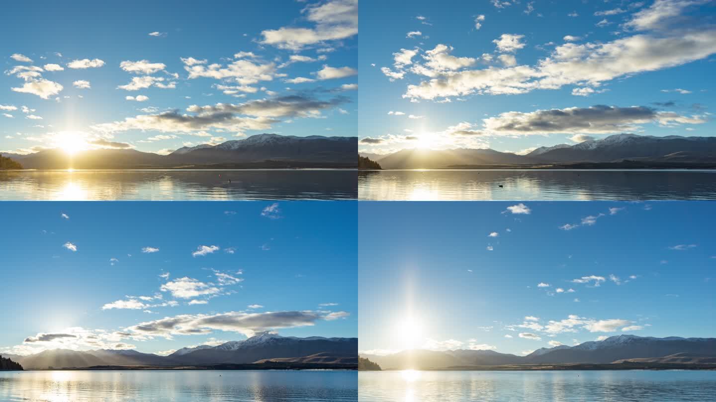 美丽的日出湖Tekapo，新西兰，时间流逝视频