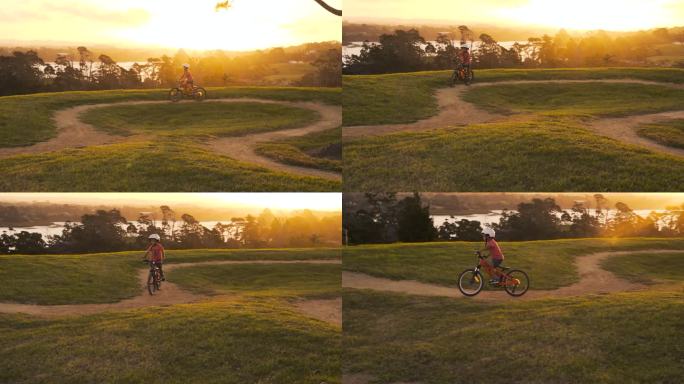 美丽的日落和骑自行车的人。