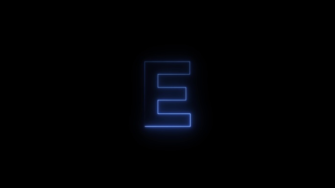 蓝色霓虹灯字体字母E大写字母在一段时间后出现。黑色背景上的动画蓝色霓虹字母符号。库存视频