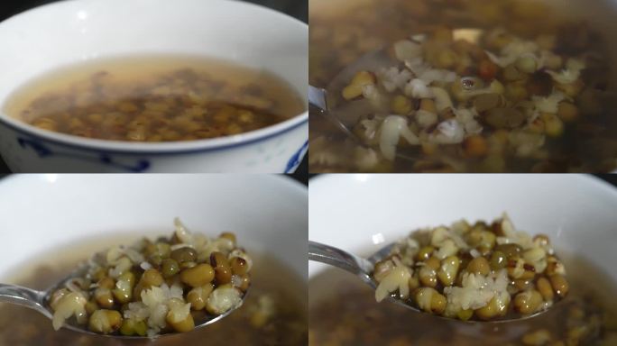 微距拍摄热气腾腾的绿豆汤