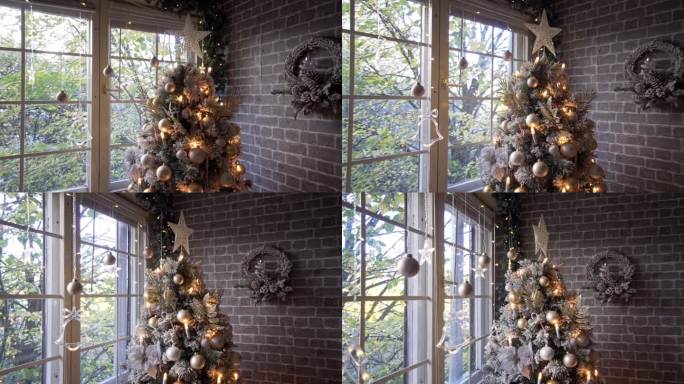 家中壁炉附近的装饰圣诞树