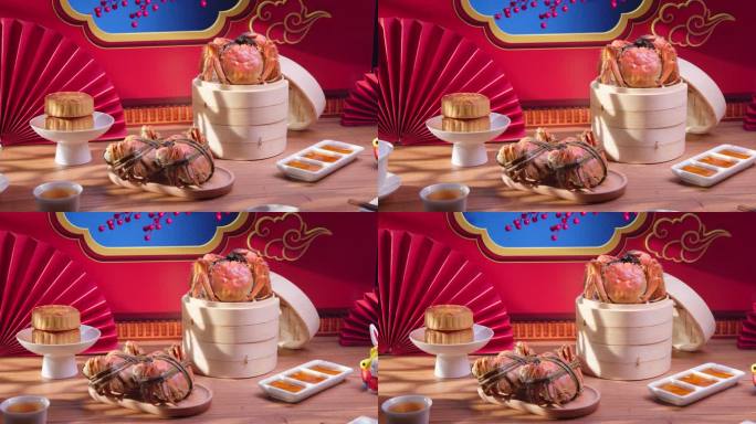 螃蟹红色装饰背景前的中秋节美食大闸蟹月饼