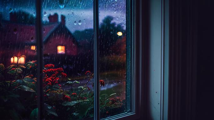 夜晚窗外的雨水
