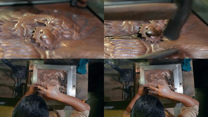 手工艺视频手工匠人锻铜雕刻铜雕慢镜头