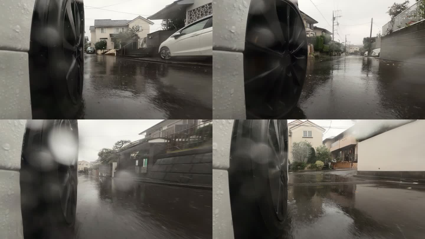 大雨中驾车经过居民区