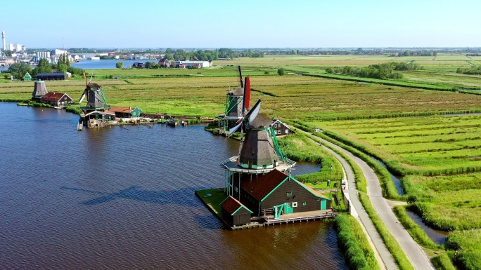 早上有风车的荷兰传统景观
