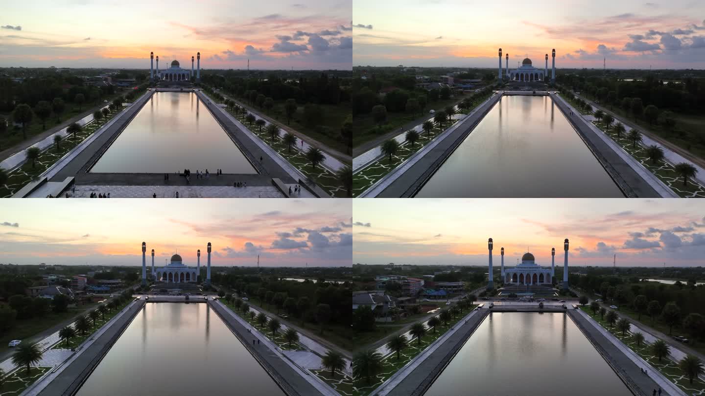 泰国宋赫拉省Hatyai区宋赫拉中央清真寺的空中无人机日落景色