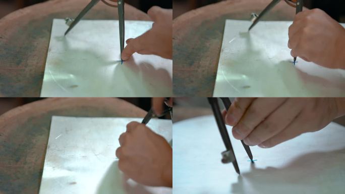 手工艺视频手工匠人锻银银板划圆技艺