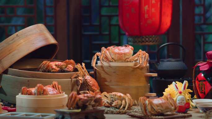 螃蟹中秋节团圆家宴美食大闸蟹月饼灯笼
