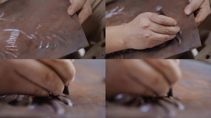 手工艺视频手工匠人锻铜雕刻走线雕刻