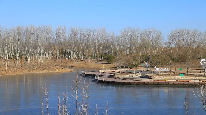 冬季北京东郊湿地公园高处环绕俯拍美景