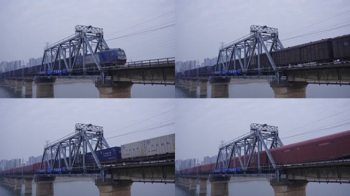 铁路大桥上驶来的火车货运列车