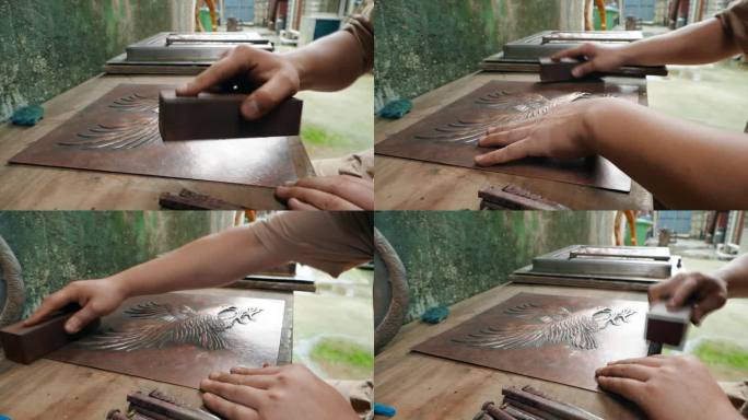 手工艺视频手工匠人锻铜雕刻老鹰图案铜板