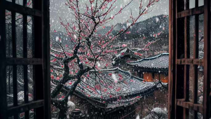 中式窗户外飘雪