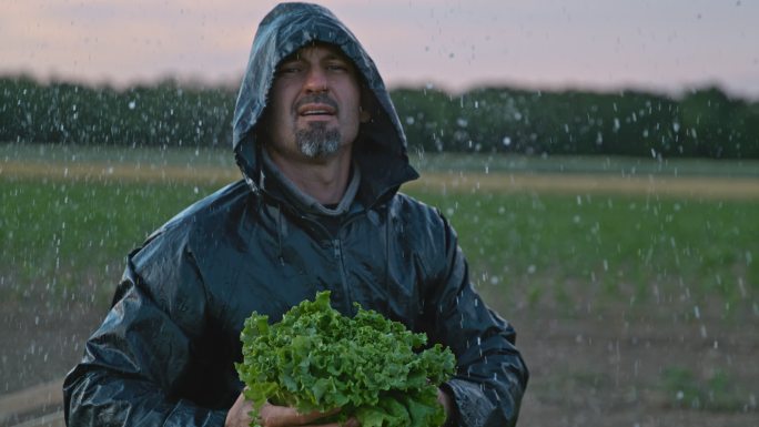 SUPER SLO MO农民在雨中收割生菜的肖像