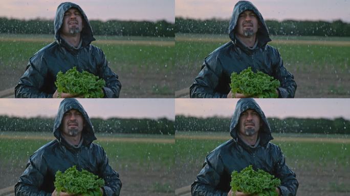 SUPER SLO MO农民在雨中收割生菜的肖像