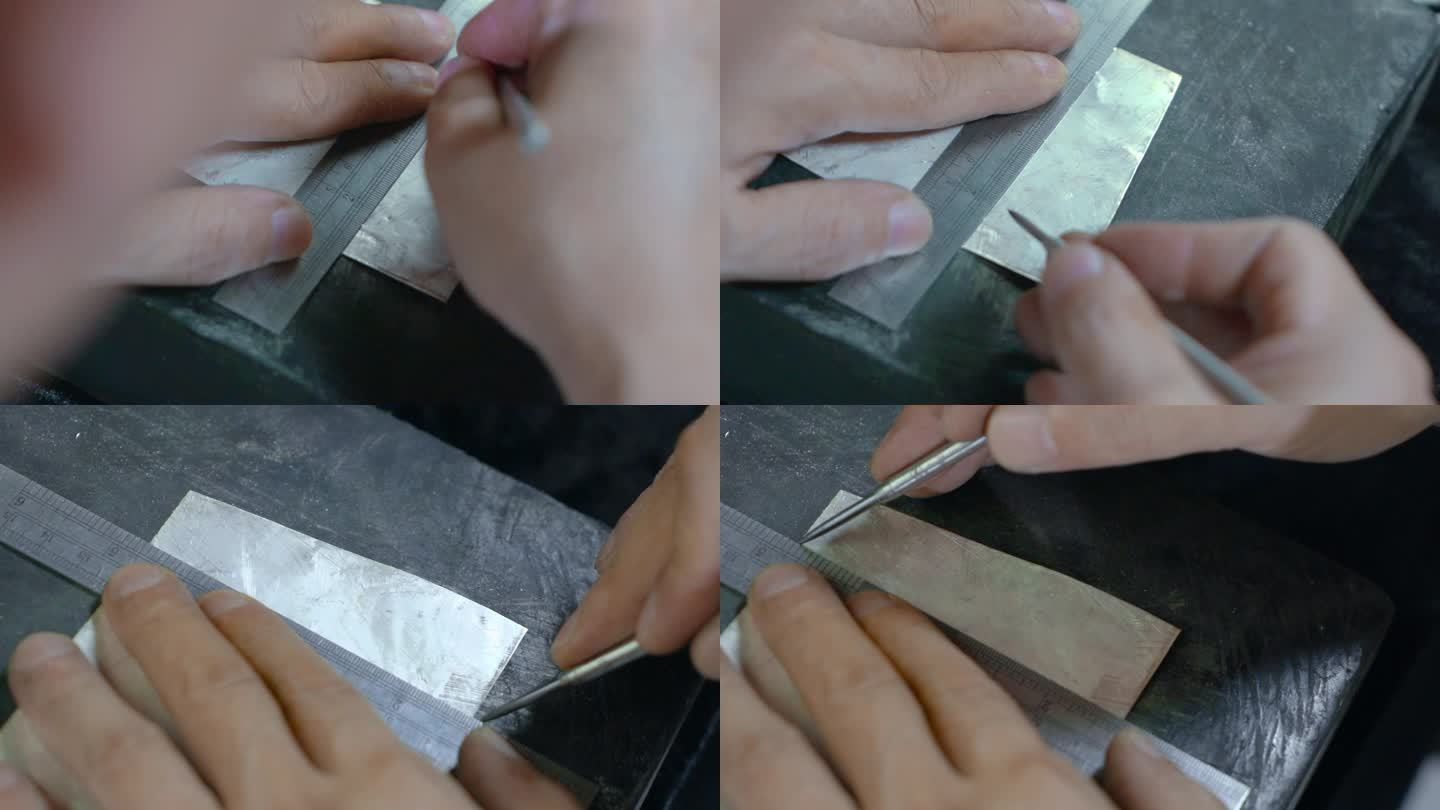 手工艺视频手工匠人锻银雕刻银板刻线慢镜头