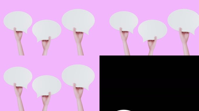 3d手部动画手持空白气泡演讲白色评论气球，背景为粉色。用于背景合成的Alpha通道蒙版。上面的复制空