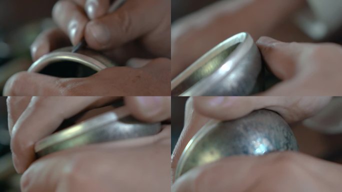 手工艺视频手工匠人拆卸银圈镶嵌锔艺忙镜头