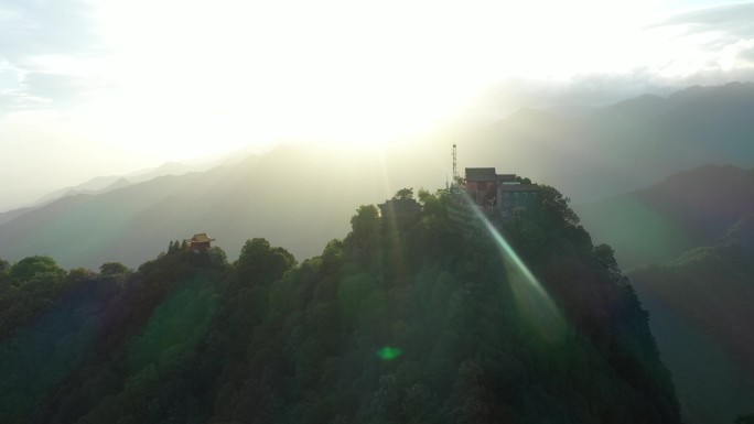 航拍陕西西安秦岭南五台景区日出云海仙境