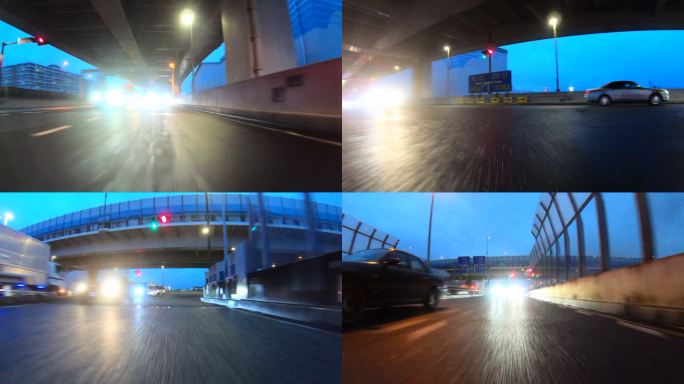 黄昏雨天在高速公路上开车。向后看