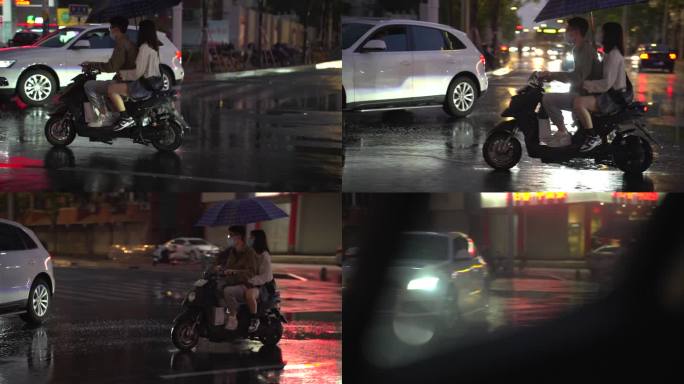 下雨天情侣骑电动车打伞