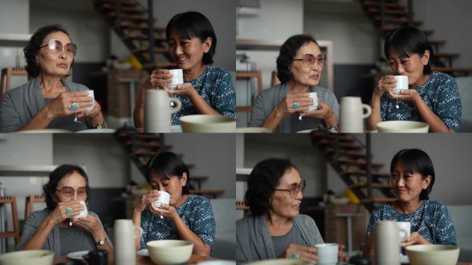 母女在家喝茶陪伴晚年生活餐桌