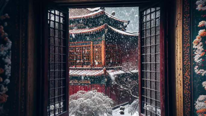 中式建筑 窗外飘雪