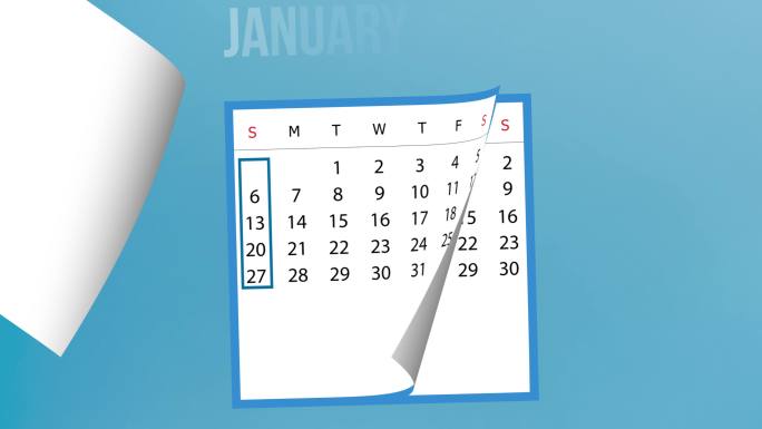 2022年1月日历在4K分辨率的蓝色背景下翻页动画