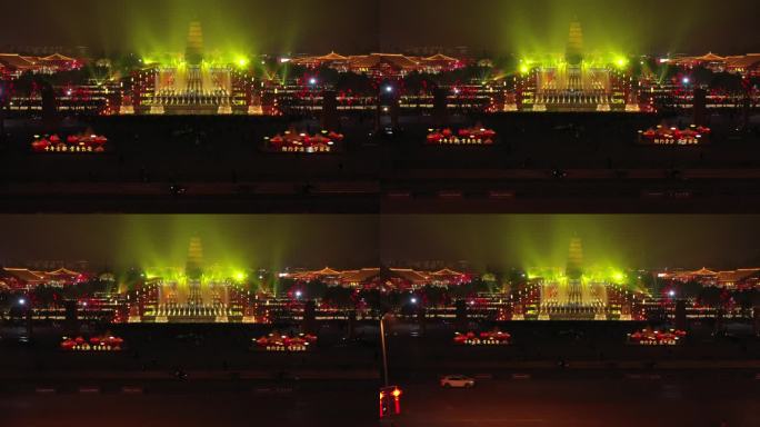 大雁塔喷泉灯光秀夜间表演航拍4k优秀视频