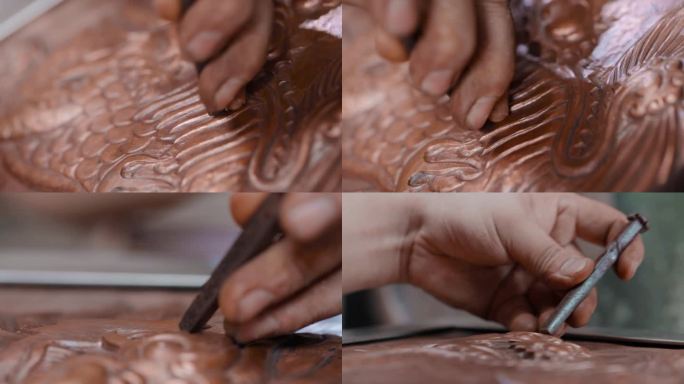 手工艺视频手工匠人锻铜雕刻铜雕特写