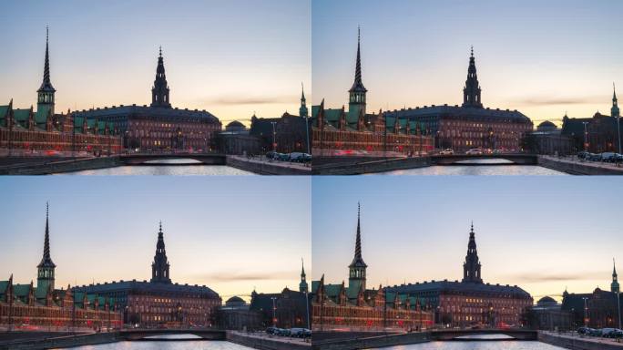 哥本哈根丹麦延时4K，城市天际线从白天到夜晚，海港日落延时