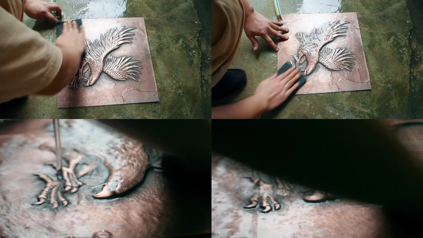 手工艺视频手工匠人锻铜雕刻水洗慢镜头