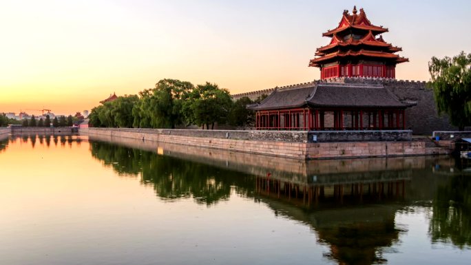 中国北京的护城河和皇宫。时间流逝。