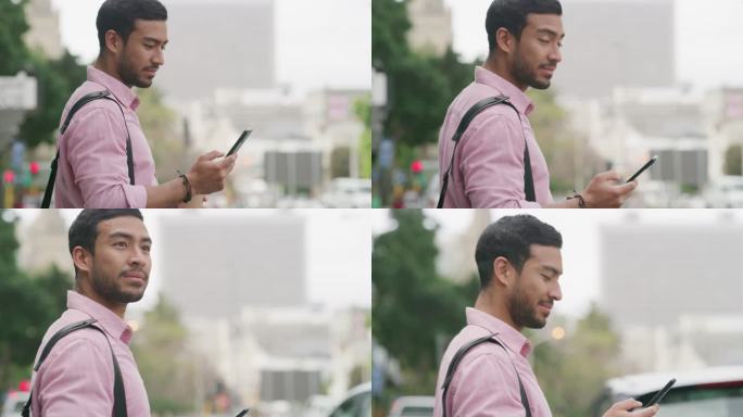 一位年轻商人在上班途中使用手机的4k视频片段