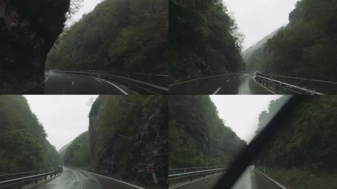 POV汽车在山路上冒雨行驶：危险道路