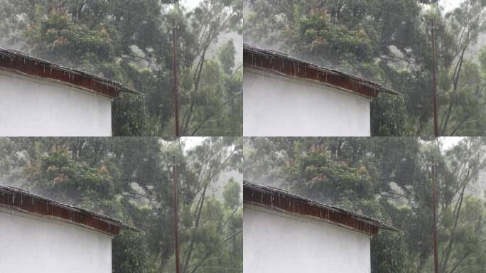 村庄传统房屋屋顶的雨天