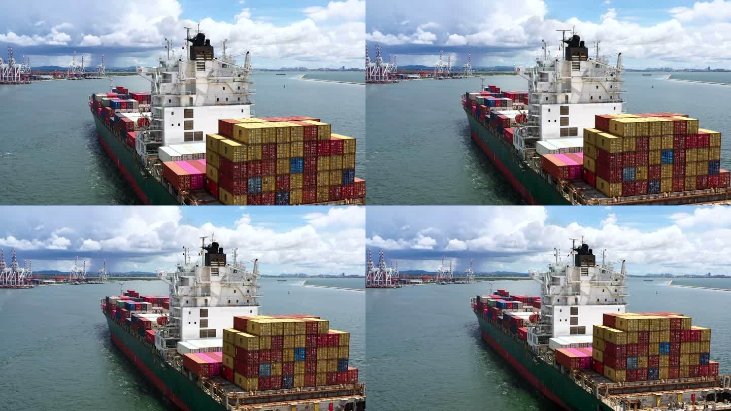 集装箱船进港航拍海港水运水上运输进出口贸