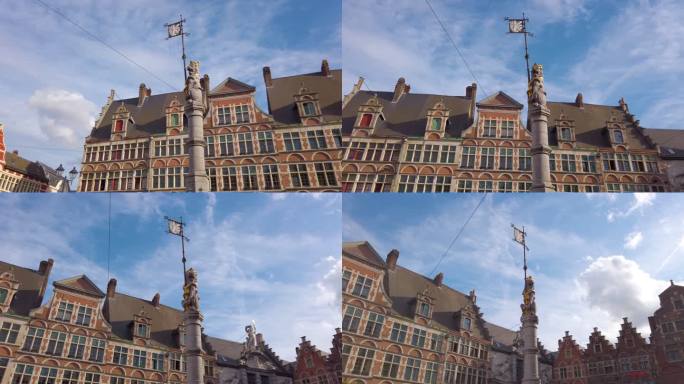比利时根特老城圣维勒广场的传统建筑和佛兰德狮子柱