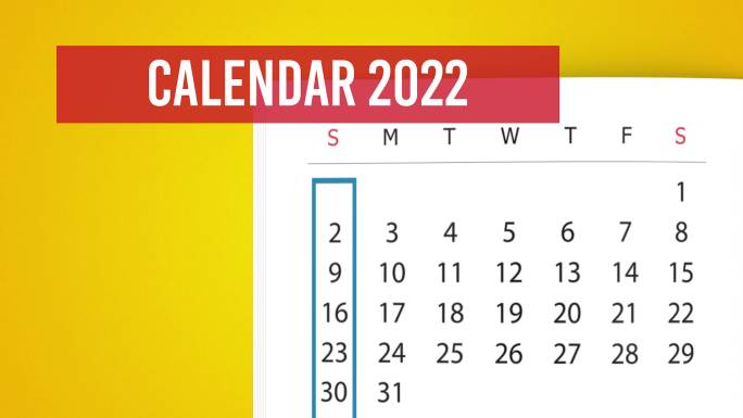 2022年1月4K分辨率黄色背景下的日历翻页动画