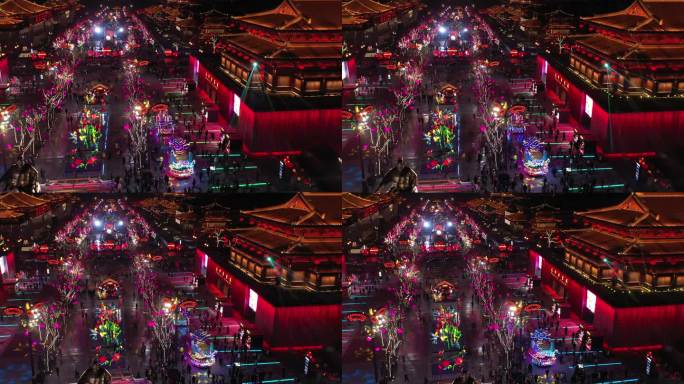 4k航拍西安大唐不夜城夜景人流表演高质量