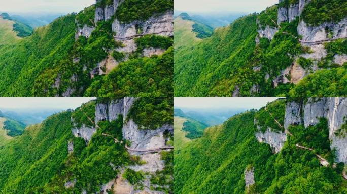 秦岭山顶栈道木栈道蜀道入蜀悬空悬崖峭壁